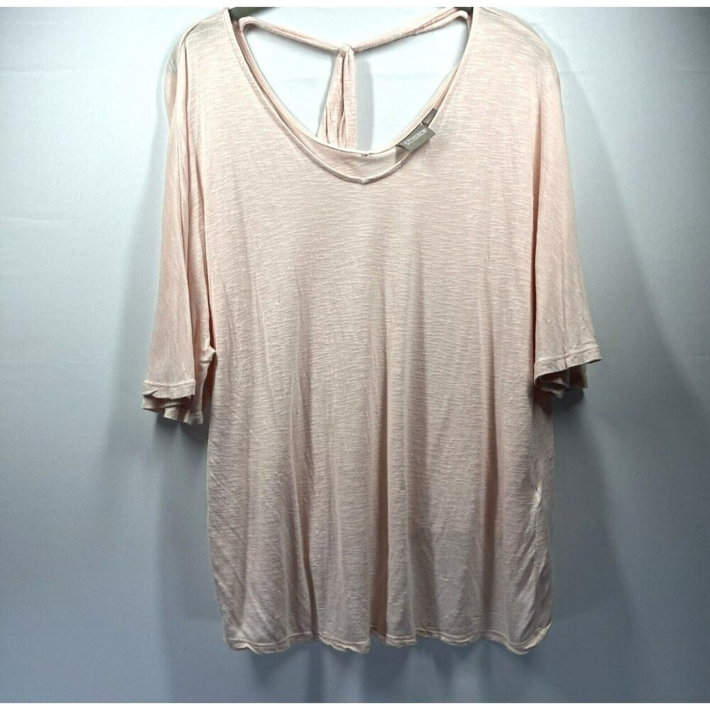 Chicos Women's Top Blouse‎ Large Solid Pale Pink Slubbed Short Sleeve Back Tie